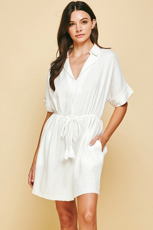 White Gauze V-Neck Dress w Tassel Tie Clothing Pinch   