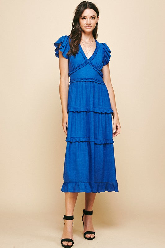 Ruffle Tiered Vneck Midi Dress Clothing Peacocks & Pearls Lexington Royal S 