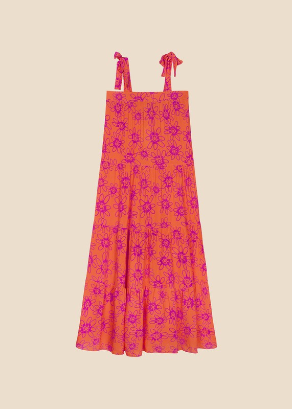 Orange/Pink Floral Tie Strap Tiered Maxi Dress Clothing Frnch   