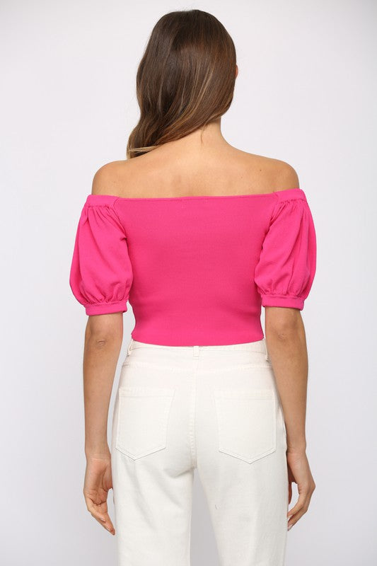 Hot Pink Puff Sleeve Wide Scoop Neck Top Clothing Fate   