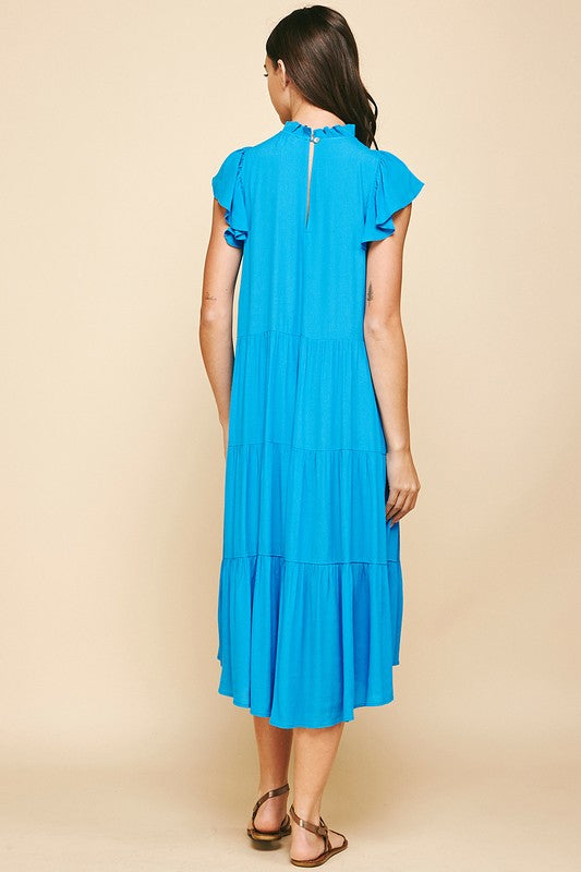 Tiered Midi Dress w/ Cap Ruffle Slvs & High Low Hem Peacocks & Pearls Lexington Tiered Midi Dress w/ Cap Ruffle Slvs & High Low Hem Peacocks & Pearls Lexington