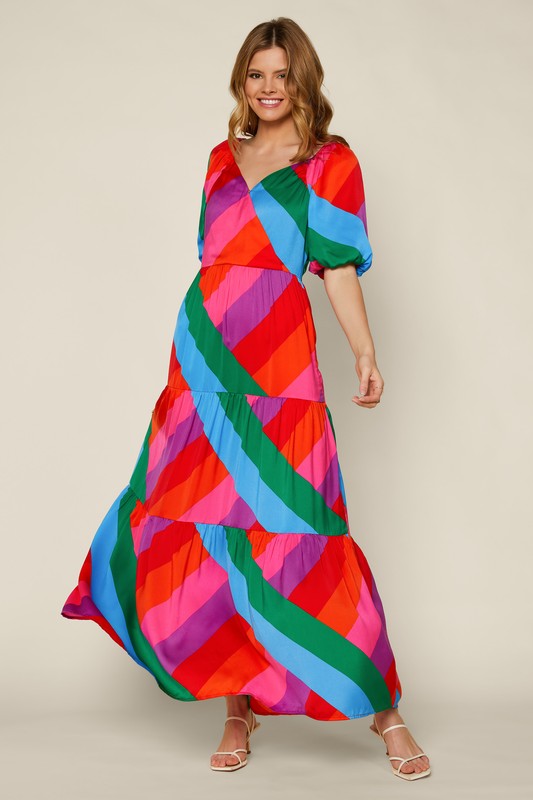 Rainbow Striped Tiered Maxi Dress Clothing Skies Are Blue   