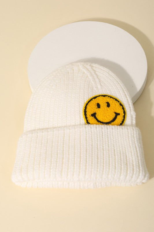 Knit Beanie w/ Smiley Face Patch Accessory Judson & Co Cream  