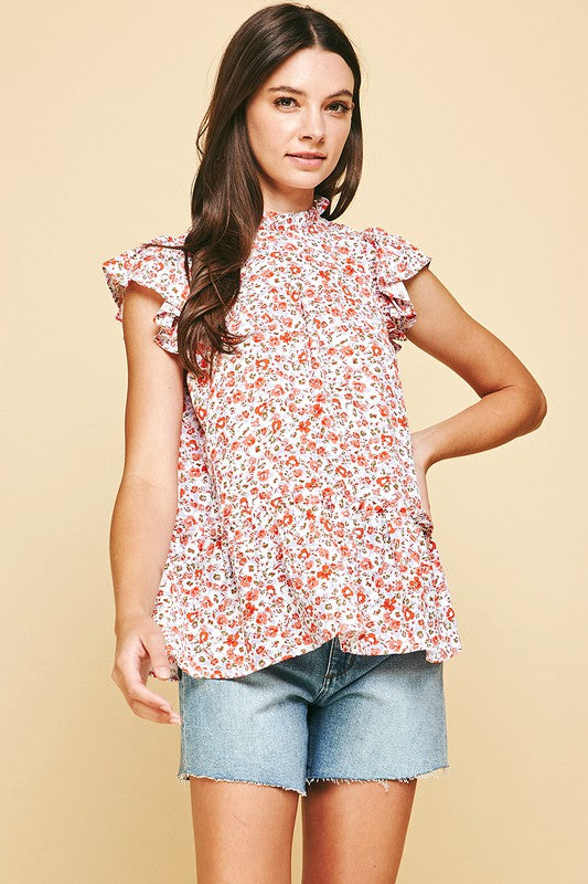 Coral/Lavender Floral High Neck Ruffle Sleeveless Top Clothing Pinch   