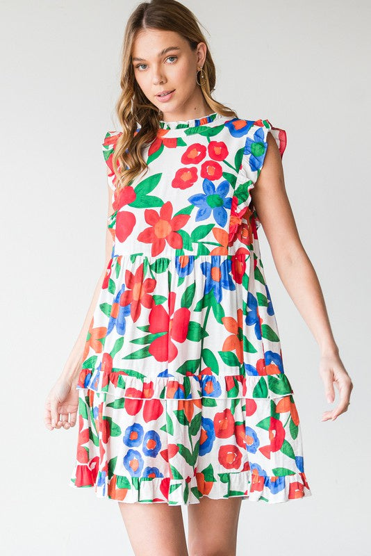 Wht/Red/Blu Floral Print Ruffle Neck/Slv/Hem Dress Clothing Jodifl   