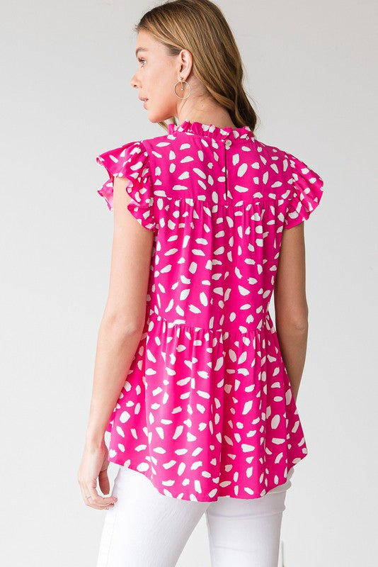 Pink Spotted Ruffle Sleeve Peplum Top Clothing Jodifl   