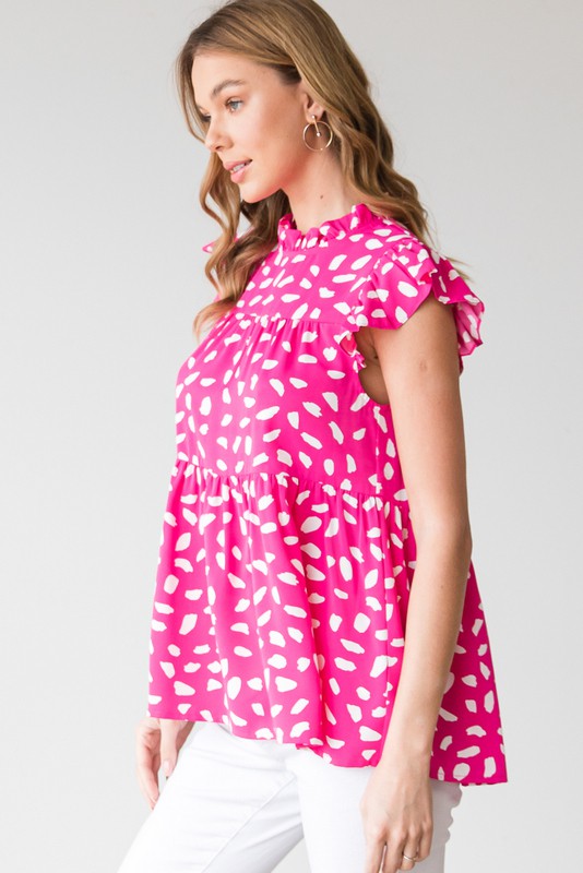 Pink Spotted Ruffle Sleeve Peplum Top Clothing Jodifl   