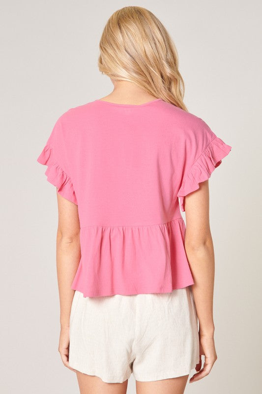 Pink Ruffle Detail Peplum Top Clothing SugarLips   