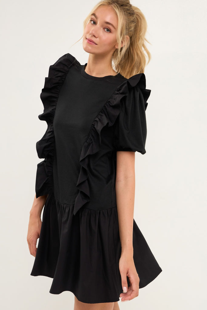 Ruffle Short Sleeve Dress Clothing August Apparel Black XS 