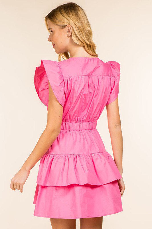 Pink Slit Neck Elastic Waist Flutter Sleeve Dress Peacocks & Pearls Lexington Pink Slit Neck Elastic Waist Flutter Sleeve Dress Peacocks & Pearls Lexington