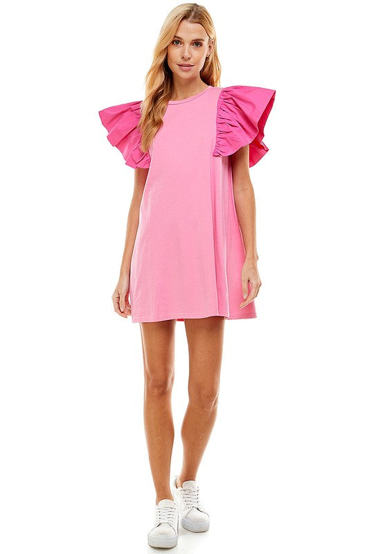 Contrasting Sleeve T-shirt Dress Clothing TCEC Pink S 