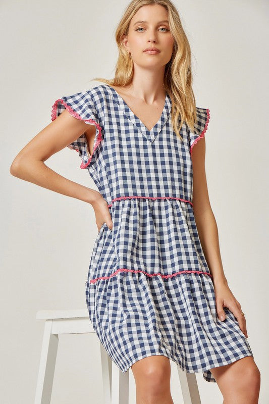 Gingham Lace Detail V Neck Tiered Dress Clothing Andree   