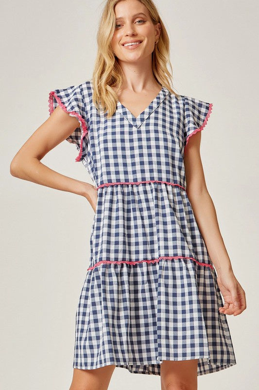 Gingham Lace Detail V Neck Tiered Dress Clothing Andree   