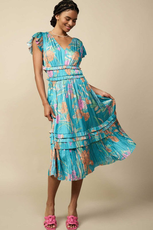 Teal Multi Floral V-neck Midi Dress Clothing Current Air   