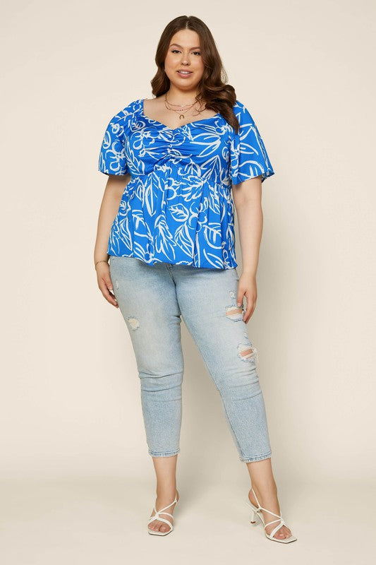 Blue/Wht Floral Print Top Clothing Skies Are Blue   