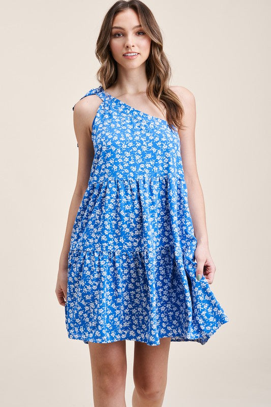 One Shoulder,  Flower Printed, Tiered, Flowy Dress Clothing Staccato S Royal 