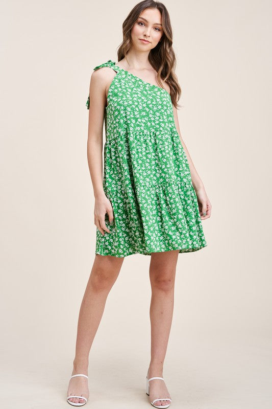 One Shoulder,  Flower Printed, Tiered, Flowy Dress Clothing Staccato S Green 