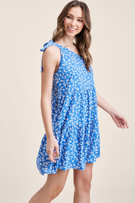 One Shoulder,  Flower Printed, Tiered, Flowy Dress Clothing Staccato   