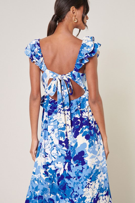Blu/Ivry Floral Print Cutout Back Tie Ruffle Dress Clothing SugarLips   