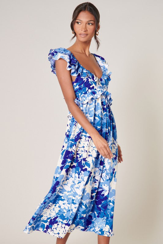 Blu/Ivry Floral Print Cutout Back Tie Ruffle Dress Clothing SugarLips   