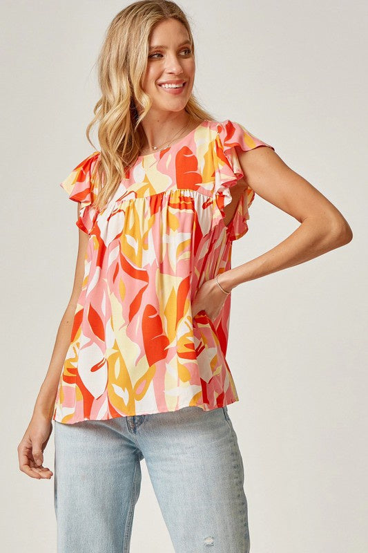 Neon Mult Color Printed Flutter Sleeve Top Clothing Andree   