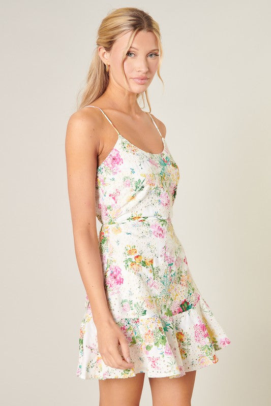 Floral Eyelet Spaghetti Strap Dress Clothing SugarLips   