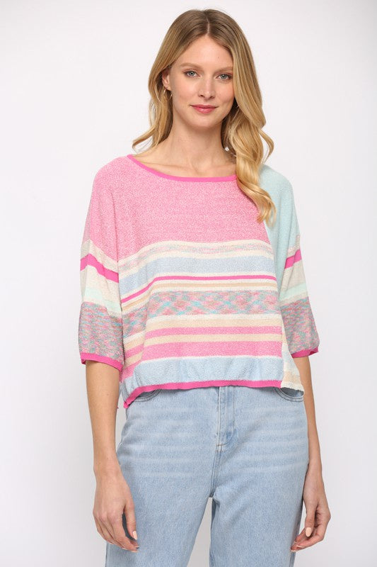 Baby Blu/Pnk Multi-Pattern Color Block Crop Sweater Clothing Fate   