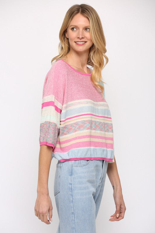 Baby Blu/Pnk Multi-Pattern Color Block Crop Sweater Clothing Fate   