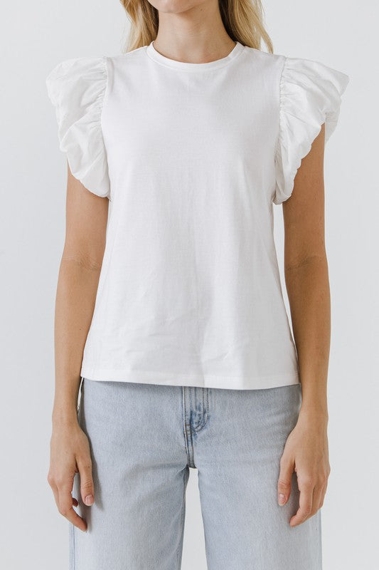 T-shirt W/ Ruffle Bubble Slv Top Clothing August Apparel White XS 