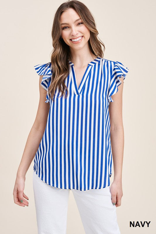 Navy/Wht Vertical Stripe Sleeveless Ruffle Shoulder Top Clothing Staccato   