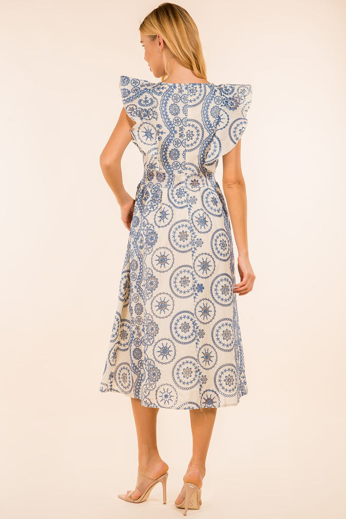 Blue Embroidery V-Neck Ruffle Dress Clothing Sunday Up   