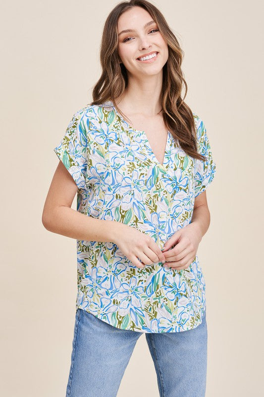 Blue/Green Round Split V-Neck Short Sleeve Floral Top Clothing Staccato   