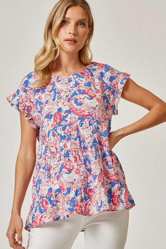 Pink/Navy Paisley Flutter Slv Tiered Top Clothing Andree   