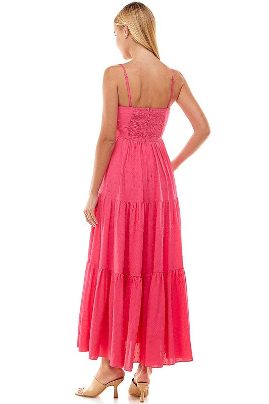 Hot Pink Spag Strap Knot Chest Swiss Dot Maxi Dress Clothing TCEC   