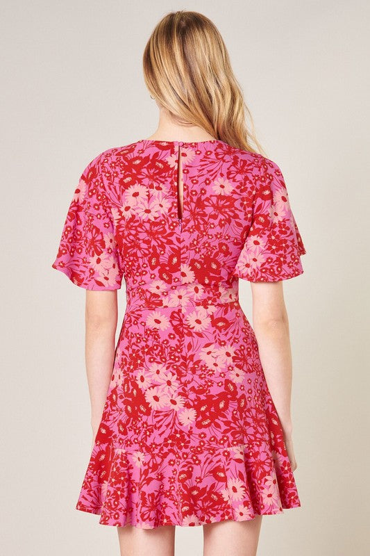 Red/Pink Daisy Print Ruffle Hem Dress Clothing SugarLips   