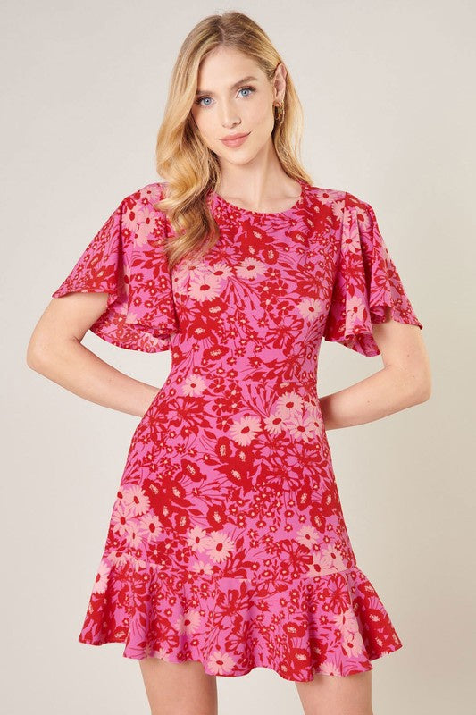 Red/Pink Daisy Print Ruffle Hem Dress Clothing SugarLips   