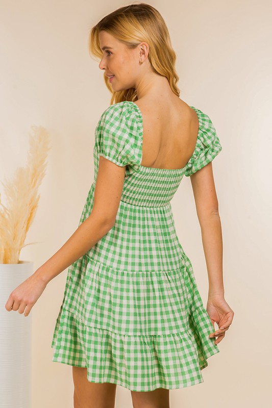 Grn/Wht Gingham Tiered S/S Dress Clothing Fanco   