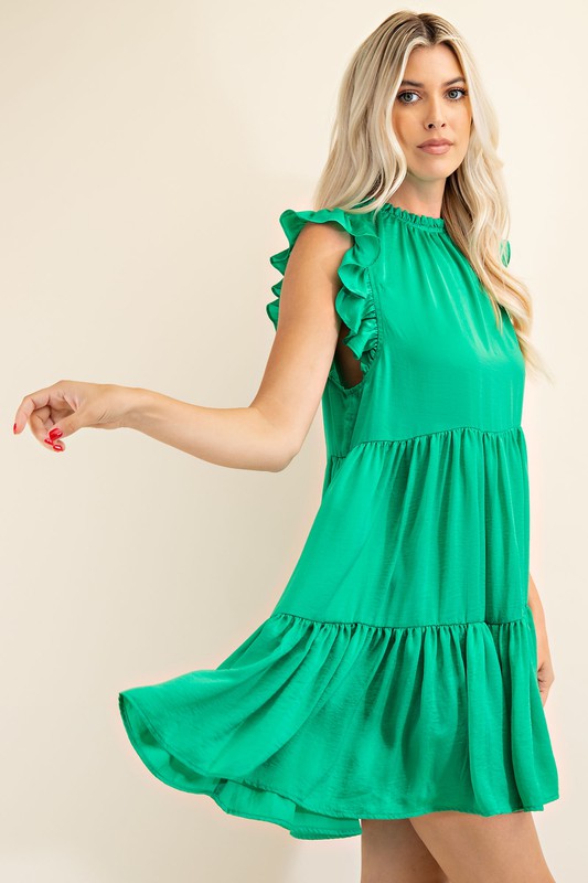 Green Ruffle High Neck Sleeveless Dress Clothing Glam   