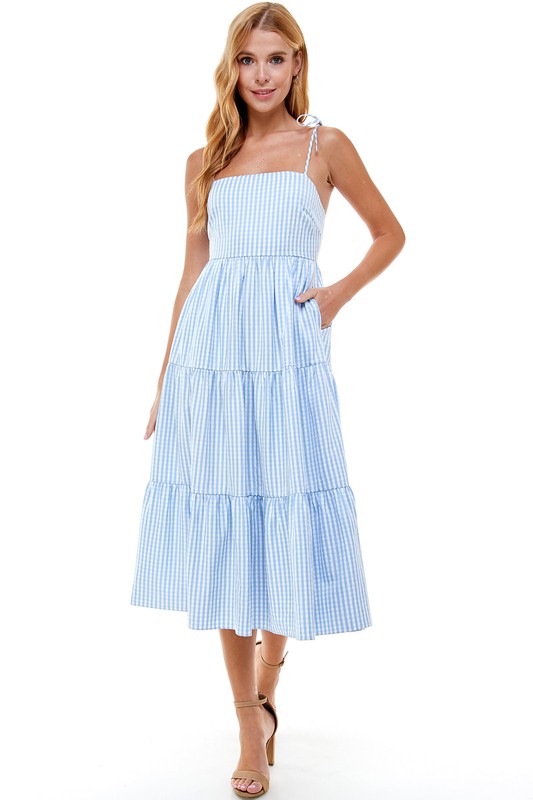 Blue/White Gingham Tiered Midi Dress Clothing Pretty Follies   
