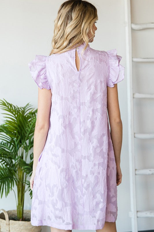 Lavender Texture Floral Ruffle Neck and Sleeve Dress Clothing Jodifl   