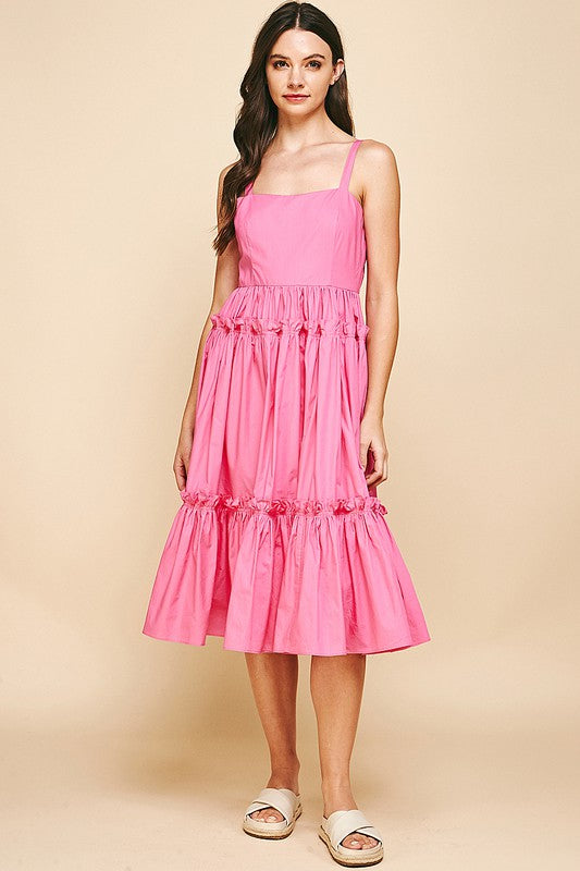 Pink Square Neckline Spag Strap Tiered Midi Dress Clothing Pinch   