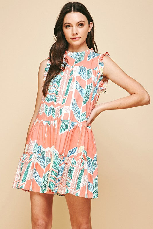 Ikat Ruffle Neck/Slv Tiered Dress Clothing Pinch Coral S 