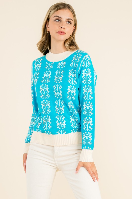Blue Floral Patterned Sweater Clothing THML   