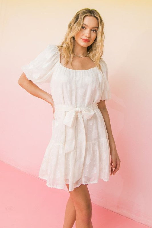 Cream Textured Puff Sleeve Scoop Neck Tiered Mini Dress w/ Tie