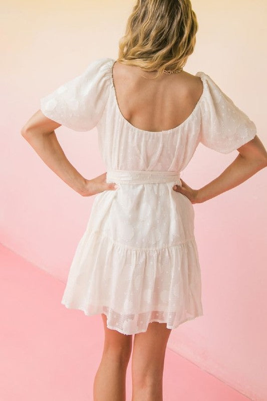 Cream Textured Puff Sleeve Scoop Neck Tiered Mini Dress w/ Tie Peacocks & Pearls Lexington Cream Textured Puff Sleeve Scoop Neck Tiered Mini Dress w/ Tie Peacocks & Pearls Lexington