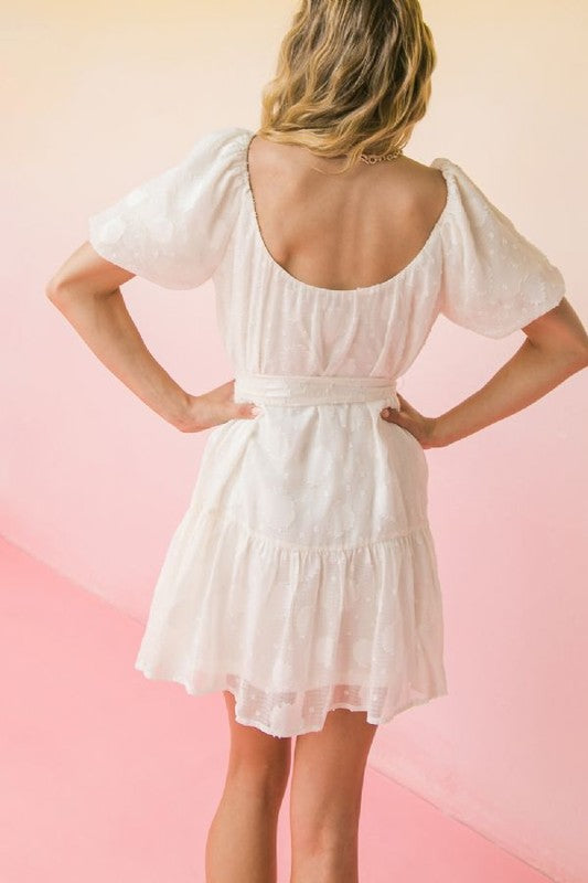 Cream Textured Puff Sleeve Scoop Neck Tiered Mini Dress w/ Tie Clothing Flying Tomato   