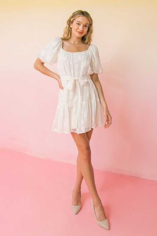 Cream Textured Puff Sleeve Scoop Neck Tiered Mini Dress w/ Tie Peacocks & Pearls Lexington Cream Textured Puff Sleeve Scoop Neck Tiered Mini Dress w/ Tie Peacocks & Pearls Lexington