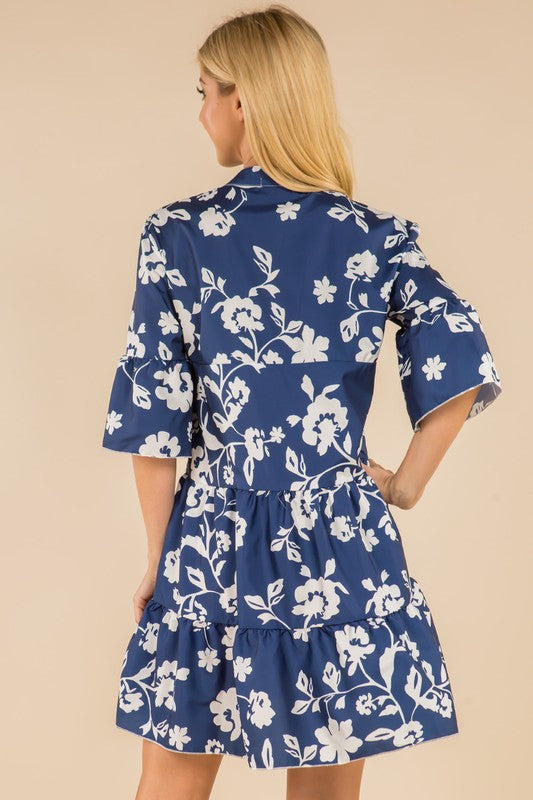 Navy/Wht Floral Tiered Bell Sleeve Dress Clothing Sunday Up   