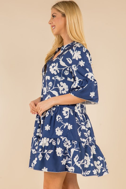Navy/Wht Floral Tiered Bell Sleeve Dress Clothing Sunday Up   