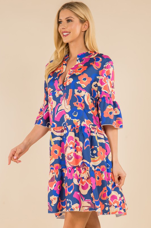 Navy Floral Printed V-Neck Tiered Dress Clothing Sunday Up   